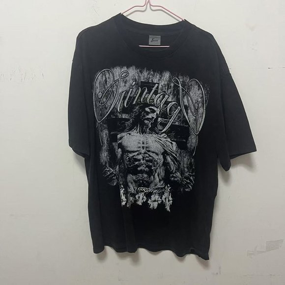 Saint Michael Portrait Print Crew Neck T-Shirt Black - Picture 1 of 6